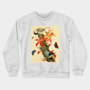 CHICKADEES ,BUTTERFLIES AND LADYBIRD ON A BRANCH WITH RED LEAVES Crewneck Sweatshirt